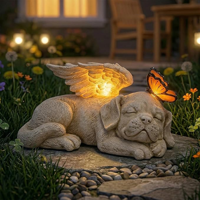 WONDER GARDEN Sleeping Dog Angel Statue with Solar Light - Pet Memorial Stone, in Memory of Dog, Marker Tribute Statues, Resin Guardian Angels, Bereavement Gift