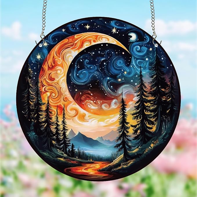 CREATCABIN Moon Window Hanging Acrylic Window Suncatchers Celestial Tree Stained Sun Catcher Decor Ornament with Chain Round Panel Wall Art for Home Kitchen Living Room Display Gifts 9.8 x 9.8 Inch