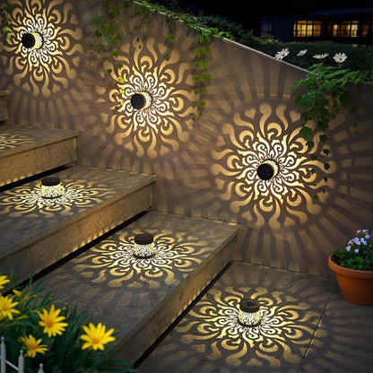 Solar Fence Lights 2 Pack Outdoor Deck Step Wall Lights Metal Waterproof LED Warm Yellow Light for Garden Post Patio Backyard Yard Decor (Mandala-4, 2)