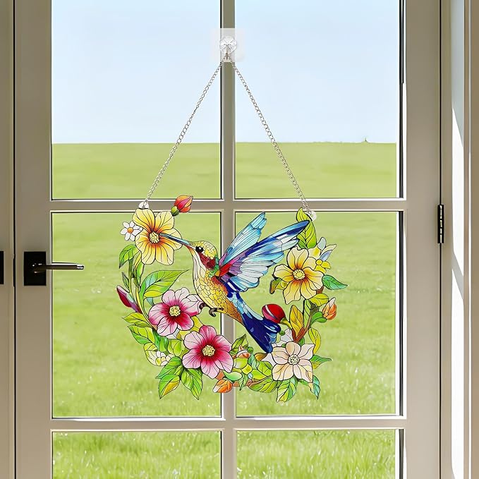 Stained Glass Window Hanging Hummingbird and Flower Suncatcher, Marzovitra 10 Inch Colorful Window Art Bird Sun Catcher for Home Decor, Garden, Patio Gift for Nature and Bird Lovers (Blue Hummingbird)