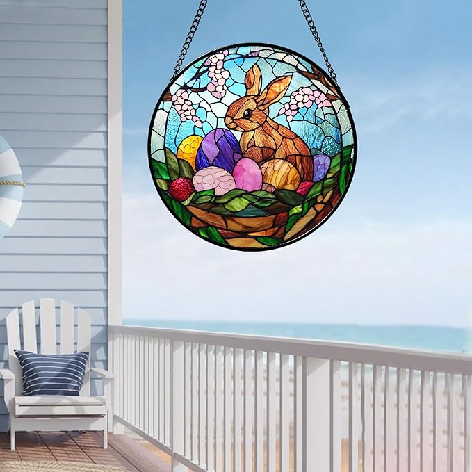 CHATYOUNG Stained Glass Window Hanging Rabbit Easter Egg Large 11.8" - Colorful Suncatcher Door Garden Home Decor and Christmas Mother's Day Birthday Easters Gift for Grandma Mom Women Wife Friend