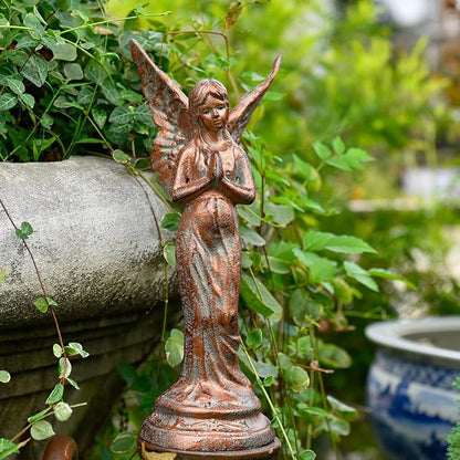 Sungmor Vintage Cast Iron Angel Statue - Rustic Decorative Figurine for Garden, Shelf or Mantel - 14.5" Tall Heavy Duty Patina Finish, Indoor/Outdoot Angel Sculpture