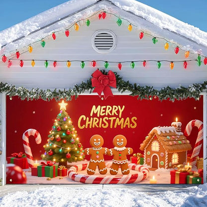 IVN Christmas Gingerbread Garage Door Banner 6x13 ft Holiday Backdrop with Cookies Tree Gifts Garage Door Covers Decorative Garage Door Cover Mural for Outdoor Decor