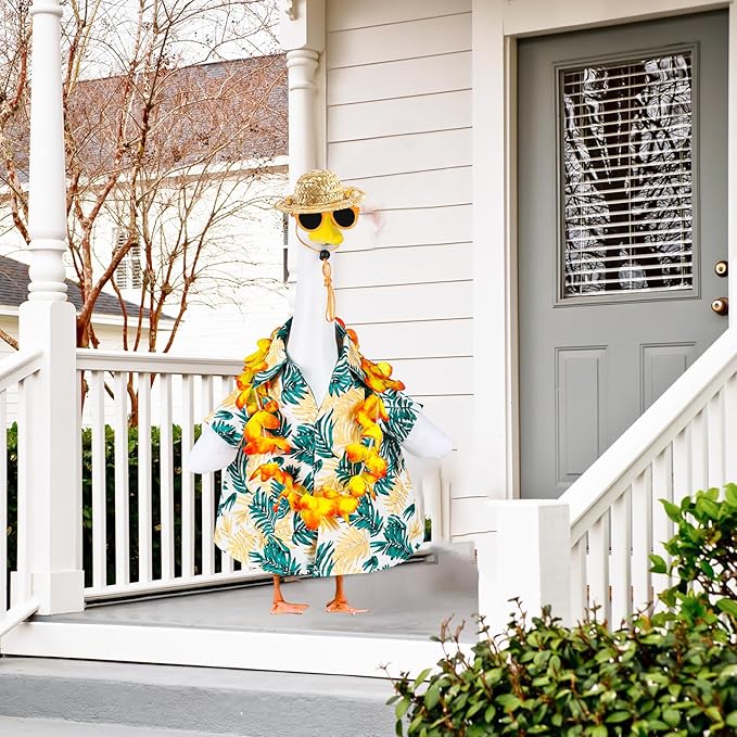 Hawaiian Porch Goose Outfits, 23" Goose Statue Hawaiian Costume Summer Porch Goose Outfits, Durable Hawaii Skirt Lawn Goose Clothes with Hat Glasses, Outdoor Yard Patio Garden Holiday Decor