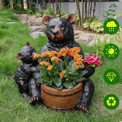 Black Bear Garden Statue Planter, Waterproof Outdoor Resin Animal Flower Pot, Yard Lawn Patio Decor, Front Porch Ornament Housewarming Gift(Mother and Baby Black Bear)