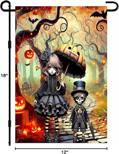 BlissYard Halloween Horror Garden Flag 12x18 Inch Gothic Doll Pumpkin Umbrella Skull Boy Flag Outdoor Yard Decoration House Banner Porch Lawn Patio Home Decor