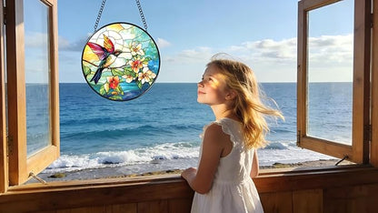 Stained Glass Window Hanging - Colorful Hummingbird Stand on Branches Covered in Flowers 6.3 Inches Suncatcher for Garden Home Decor for Women Mon Grandma Friends