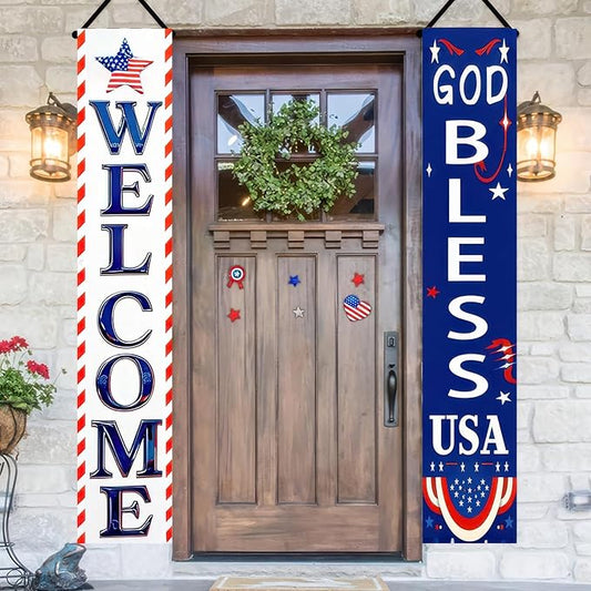 BlissYard 2Pcs Welcome Patriotic Door Banner 4th of July Decorations American Banners Hanging Porch Signs Decor for Independence Memorial Day Veterans Labor Day for Yard Indoor Outdoor Supplies