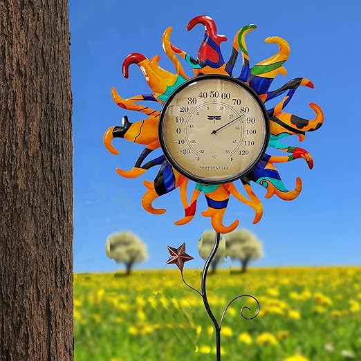 Metal Sun Thermometer Indoor Outdoor Ornament Wall Art Decor, Sun Plaque Sculpture Hanging Mounted for Living Room Bedroom Kitchen Patio for Home or Garden, No Battery Required (ORANGE SUN STAKE)