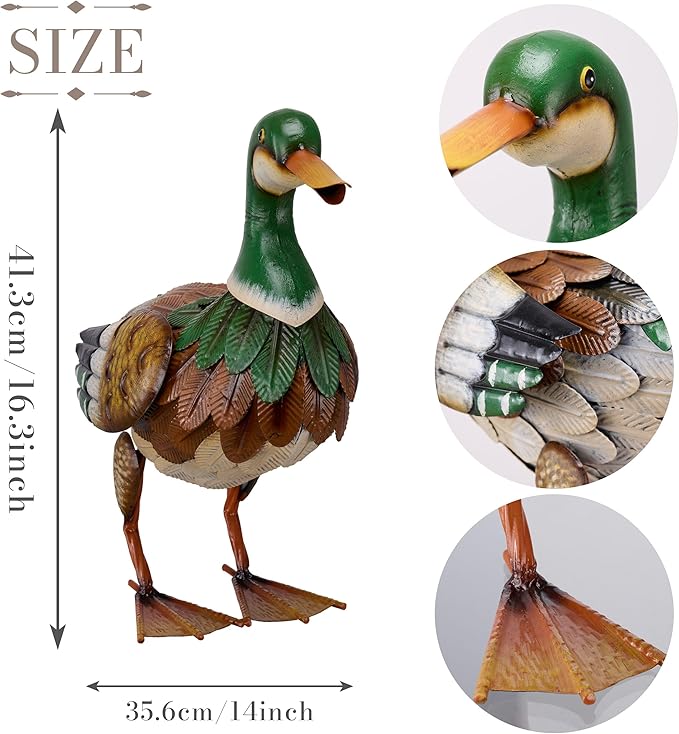 TERESA'S COLLECTIONS Garden Decor for Outside, Metal Mallard Duck Decorations for Outdoor Decor, 16 inch Duck Decoys Animal Outdoor Statues for Yard Patio Lawn Pool Porch Backyard
