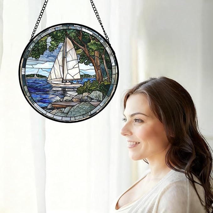 Stained Glass Window Hanging Blue Ocean White Sailboat Large 11.8" - Nature Suncatcher Door Garden Sun Catcher Home Decor Birthday Christmas for Woman Mom Men Friend Nana