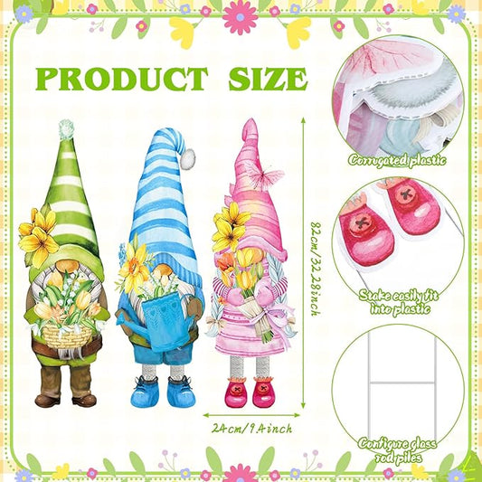Umigy 3 Pcs Spring Yard Gnome Sign with Stakes 32 x 10 Inch Cute Spring Garden Decor Outdoor Lawn Sign Outside Flower Garden Signs for Home Pathway Walkway