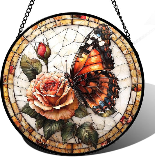 DASTOLL Stained Glass Window Hanging, Butterfly Picking Flowers Suncatcher for Doors Home Sun Catchers Decoration and Christmas, Mother's Day Birthday Gifts for Women, Men, and Mom 14.9x14.9 in
