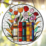 Flower Book Stained Glass Window Hanging 9.8'' Sun Catcher Book Club Lover Gifts for Women Reading Room Decor Handmade SunCatcher Decoration for Garden Home Bookish Library Decor