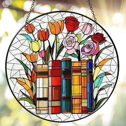 Flower Book Stained Glass Window Hanging 6'' Sun Catcher Book Club Lover Gifts for Women Reading Room Decor Handmade SunCatcher Decoration for Garden Home Bookish Library Decor