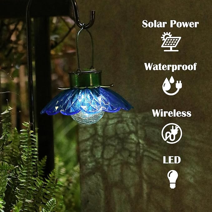 XUWEN Solar Lights Outdoor Waterproof - Blue Solar Flower Light with Crackle Globe Glass Light, Hanging Lanterns Decorative Outdoor for Yard Walkway Lawn Fence,Christmas Housewarming Gifts for Women.