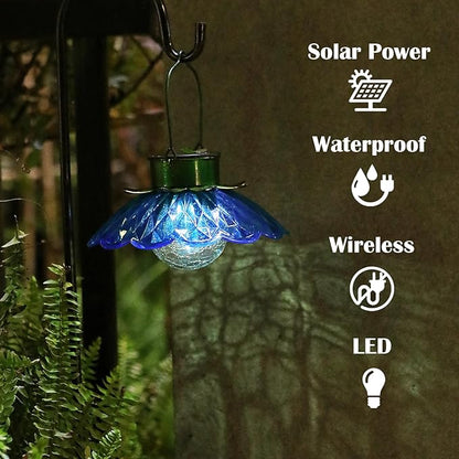 XUWEN Solar Lights Outdoor Waterproof - Blue Solar Flower Light with Crackle Globe Glass Light, Hanging Lanterns Decorative Outdoor for Yard Walkway Lawn Fence,Christmas Housewarming Gifts for Women.