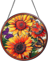 Sunflowers Stained Glass Window Hanging Suncatcher with Chain - 7.9" Outdoor/Indoor Art Decor for Home Garden, Wedding, Thanksgiving, Mother's, Valentine's & Christmas Ornaments Present