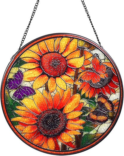 Sunflowers Stained Glass Window Hanging Suncatcher with Chain - 7.9" Outdoor/Indoor Art Decor for Home Garden, Wedding, Thanksgiving, Mother's, Valentine's & Christmas Ornaments Present