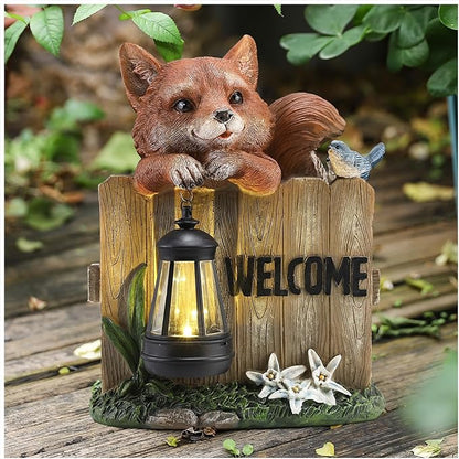 Solar Fox Garden Statue with Hanging Lantern Light, Resin Outdoor Welcome Sign Decor, Waterproof Solar Powered Garden Decoration for Yard, Lawn, Patio, 10.6"