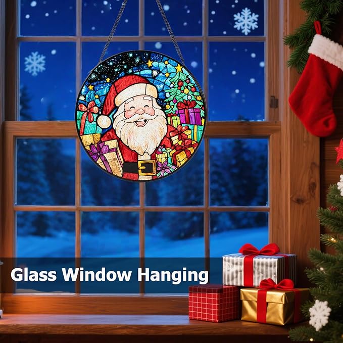 Santa Stained Glass Window Hanging, Santa Claus Suncatcher for Doors Home Sun Catchers Decoration and Christmas, Mother's Day Birthday Gifts for Women, Men, and Mom