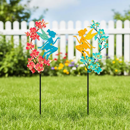 2 Pack Colorful Metal Fairy Garden Stakes - Fairy Sitting on Blooming Flower Outdoor Yard Decorations, Rustproof Garden Ornaments for Lawn, Patio & Flower Beds(Fairys1)