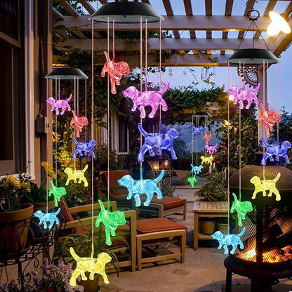 Solar Wind Chimes, Dog Wind Chimes Gifts for Mom Grandma Women Wife Girls, IP65 Waterproof Hanging Memorial Windchimes with 7 Color Changing LED Lights for Outside Garden Yard Decorations
