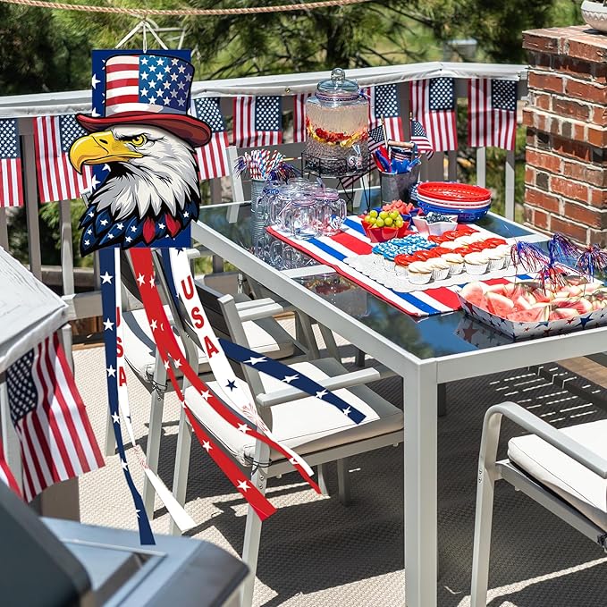 40 Inches USA Eagle Windsock Decoration, Patriotic Eagle Head Themed Hanging Outdoor Wind Sock Ornament with Red, White, Blue Streamers, 'USA' Lettering, and Stars for 4th of July, Memorial Day Decor