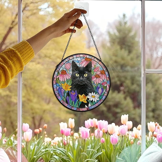 Black Cat Suncatcher Stained Glass Window Hanging Decor Ornaments, Black Cat Owner Memorial Sun Catchers Wall Art Gifts for Women, Floral Flower Garden Lawn Stained Glass Wall Decor, 7.9x7.9In