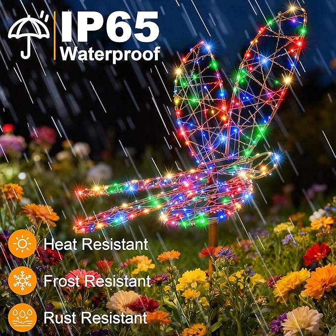 Lomotech Solar Garden Lights - 18" 240 Leds Foldable Outdoor Dragonfly Garden Decor, Waterproof Larger Outdoor Solar Lights with Iron for Garden Patio Yard Lawn Pathway Decorations (Multicolor)