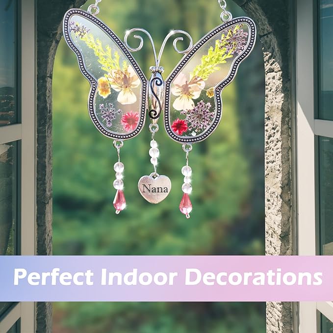Nana Gift Butterfly Suncatcher for Window Hanging Sun Catchers Ornament with Pressed Flower Nana Heart Charm Birthdays Gift for Women for Nana Gift for Grandma