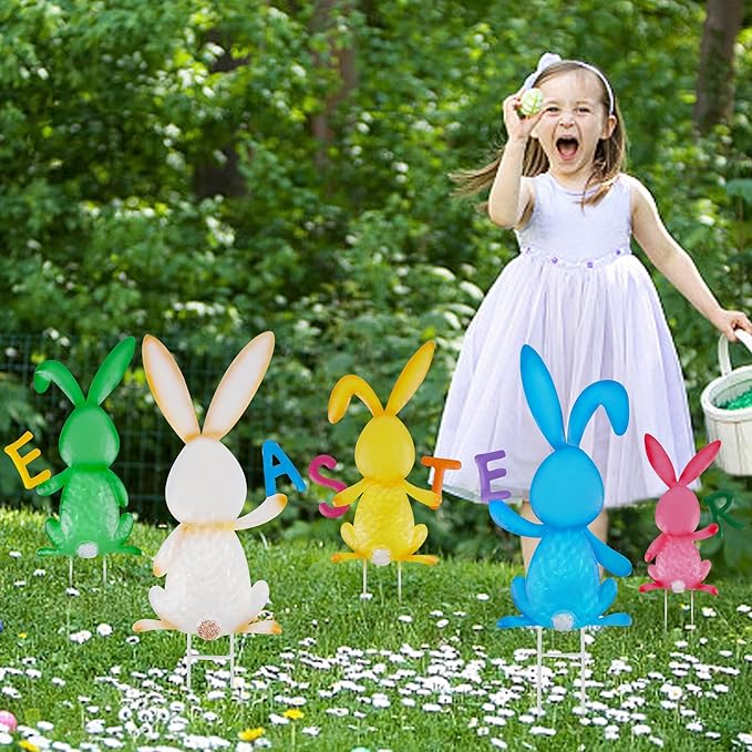 5 PCS Easter Garden Stakes Decoration, Metal Adorable Bunny Yard Signs Holding Easter Spelling Letters for Courtyard Spring Lawn Flowerbed Patio Holiday Outdoor Display