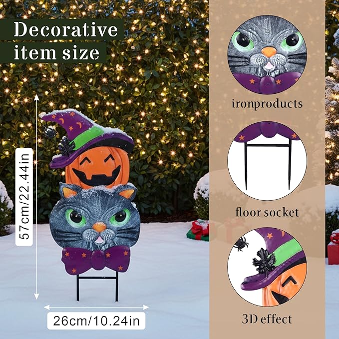 Halloween Decorations Outdoor with Cute Black Cat Pumpkin, Metal Halloween Yard Stakes, Stacked Jack-o-Lantern Garden Stakes Decor for Pathway Patio Party, 25"
