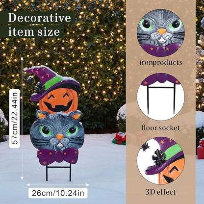 Halloween Decorations Outdoor with Cute Black Cat Pumpkin, Metal Halloween Yard Stakes, Stacked Jack-o-Lantern Garden Stakes Decor for Pathway Patio Party, 25"