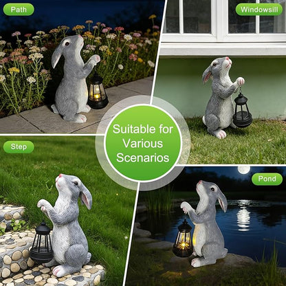 11.8 Inch Bunny Solar Garden Statue, Easter Rabbit Figurine with Glowing Lantern, Handcrafted Resin Outdoor Decor for Patio, Balcony, Yard, Gift for Women, Housewarming, Birthday, Easter Party Decor