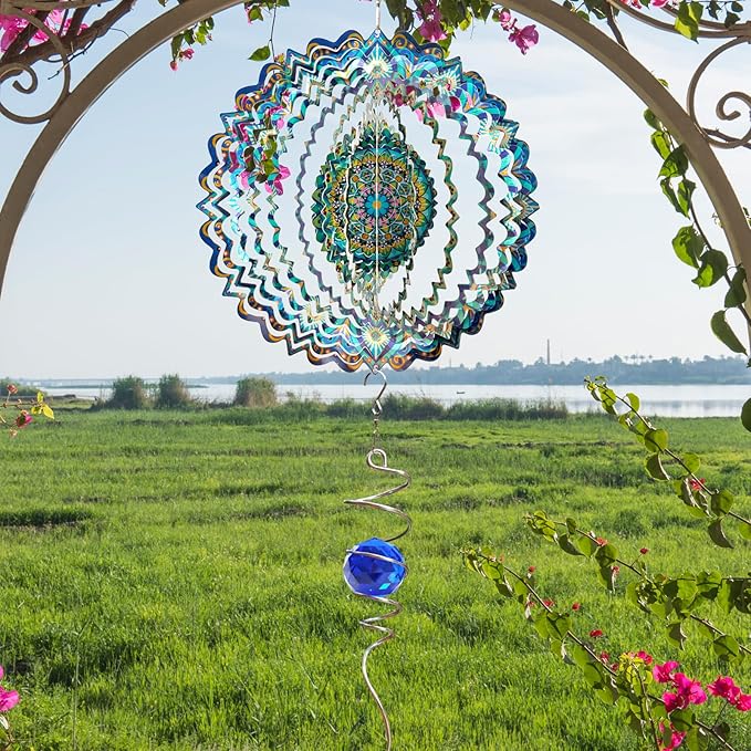 Wind Spinner Mandala Peacock - 12In Laser Cut Stainless Steel Wind Spinners Outdoor, 3D Kinetic Hanging Sculpture, Rustproof Metal Garden Decor Yard Art, Unique Gift for Women, Men, Holidays