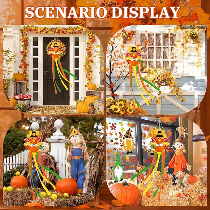 40 Inches Thanksgiving Turkey Windsock Decoration, Fall-Themed Hanging Outdoor Wind Sock Ornament with Football & Maple Leaf and Streamers for Porch, Yard, Garden, Autumn Harvest Decor