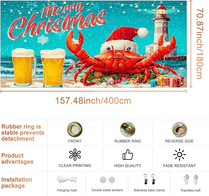 IVN Christmas Garage Door Banner 13x6 ft Merry Christmas Garage Door Cover Santa Crab Lighthouse Winter Coastal Home Door Front Yard Decor for Xmas Eve Holiday Outdoor