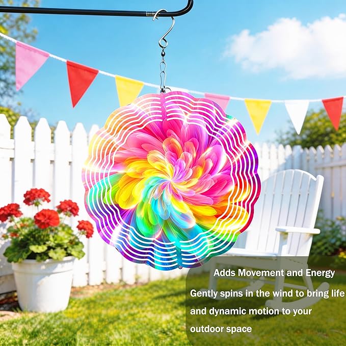 Wind Spinners Colorful Abstract Flower Art 9.8 x 9.8 Inch Metal Wind Spinner Outdoor Garden Yard Patio Decor Bright Rainbow Swirl Design Decorative Wind Spinners for Lawn Balcony