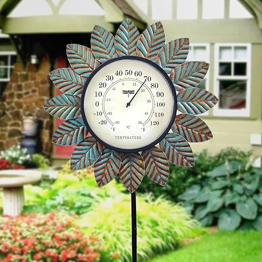 Leaf Outdoor Thermometer Decorative-42Inch Metal Leaf Garden Stake,Outside Thermometer for Patio Garden Decor for Yard and Lawn Decorations