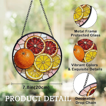 Orange Lemon Suncatchers Stained Glass Window Hanging, Lemon Kitchen Decor, Orange Gifts for Women, Summer Fruit Sun Catchers Indoor Window Glass Round Wall Decor, 7.9x7.9in