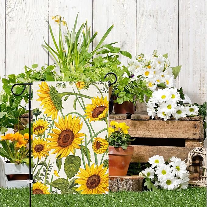 Baccessor Spring Summer Sunflower Garden Flag 12.5 x 18 Inch Double Sided Burlap Summer Yellow Flower Green Leaf Farmhouse Small Yard Flag Summer Holiday Seasonal Outdoor Outside Decoration