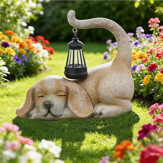 Solar Dog Garden Statue with Lantern, Beagle Dog Figurine Solar Light Garden Outdoor Decor, Outdoor Waterproof Decoration for Dogs Lover, Beautifully Crafted Birthday Gifts for Mom or Dad