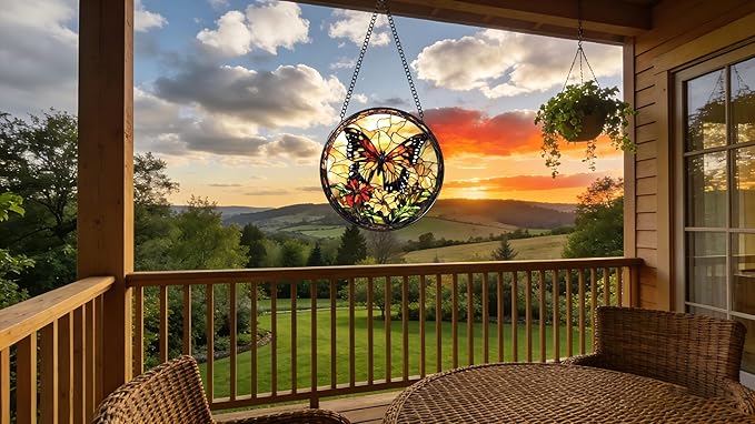 Stained Glass Window Hanging - Butterfly Red Flowers Yellow Flowers 6.3 Inches Suncatcher for Garden Home Decor for Women Mon Grandma Friends