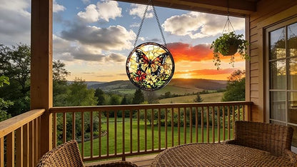 Stained Glass Window Hanging - Butterfly Red Flowers Yellow Flowers 6.3 Inches Suncatcher for Garden Home Decor for Women Mon Grandma Friends
