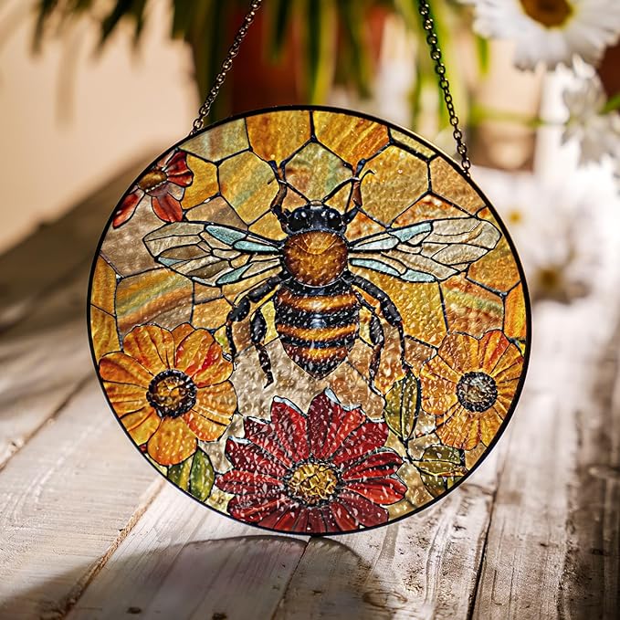 6" Bee Honeycombs Stained Glass Suncatchers Art Glass Insect Flowers for Sun Catcher Indoor Window Gifts for Pet Insects Animal Nature Floral Lovers Women Grandma Mom Friend Panel Décor BUG-08C-SG6