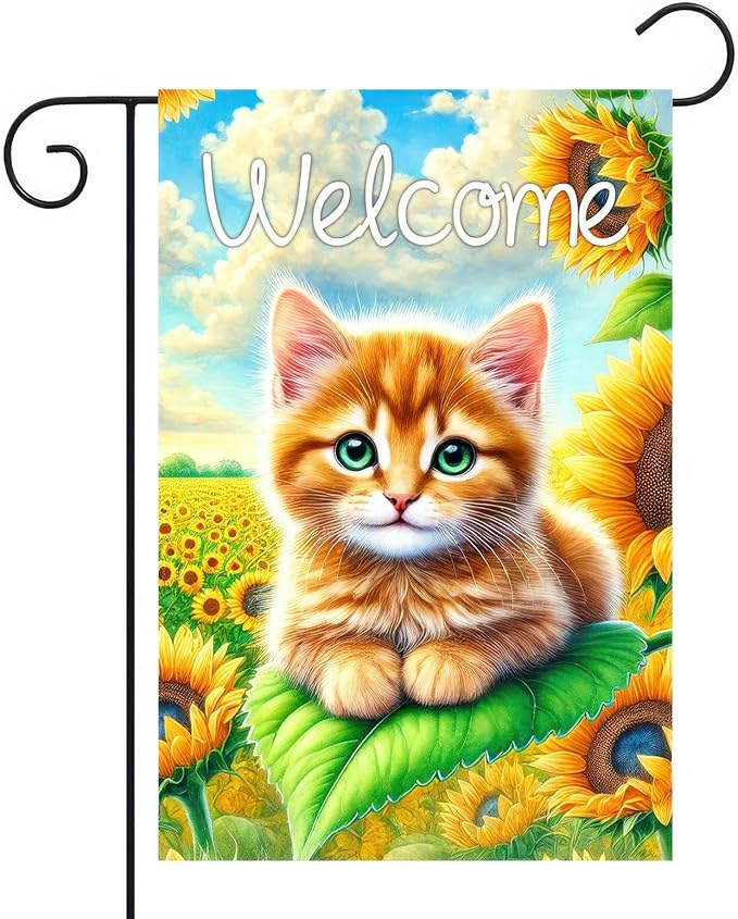 BlissYard Spring Welcome Garden Flag 12x18 Inches Double Sided Cute Cat Yard Flags Sunflower Summer Seasonal Flower for Outside Decor Home Farmhouse Holiday Decorations