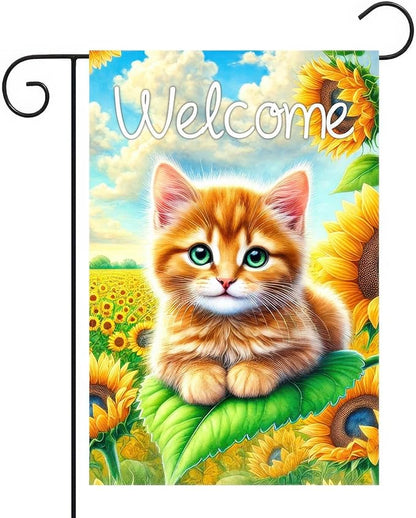 BlissYard Spring Welcome Garden Flag 12x18 Inches Double Sided Cute Cat Yard Flags Sunflower Summer Seasonal Flower for Outside Decor Home Farmhouse Holiday Decorations