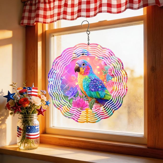 Wind Spinners Colorful Parrot Floral Art 9.8 x 9.8 Inch Metal Wind Spinner Outdoor Garden Decor Vibrant Tropical Bird Illustration Decorative Wind Spinners for Yard Patio