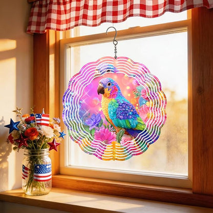 Wind Spinners Colorful Parrot Floral Art 9.8 x 9.8 Inch Metal Wind Spinner Outdoor Garden Decor Vibrant Tropical Bird Illustration Decorative Wind Spinners for Yard Patio